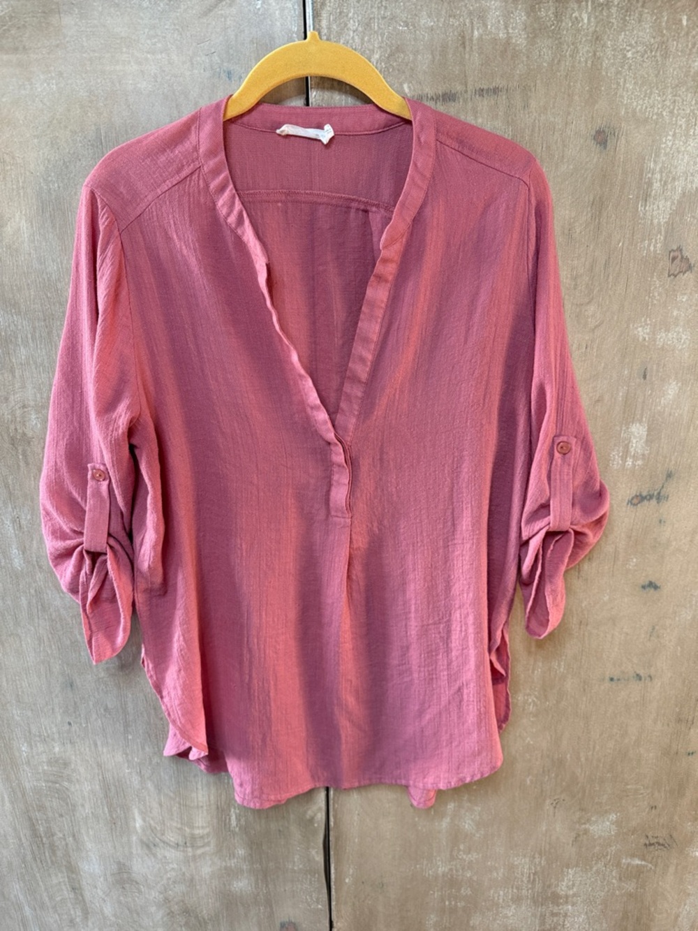 Lush Rose-Pink V-Neck Roll-Tab Sleeve Blouse
